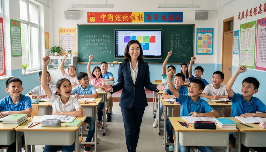 English teacher leading a classroom discussion with students seated and listening