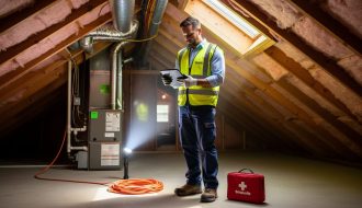 A Florida home maintenance technician wearing a high-visibility vest uses a tablet while inspecting an attic safety setup with a flashlight and first-aid kit in the background.
