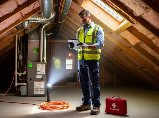 A Florida home maintenance technician wearing a high-visibility vest uses a tablet while inspecting an attic safety setup with a flashlight and first-aid kit in the background.