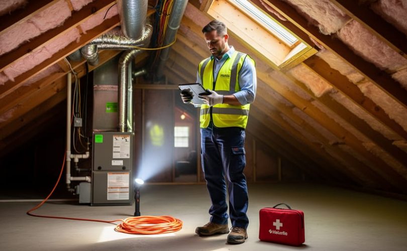 A Florida home maintenance technician wearing a high-visibility vest uses a tablet while inspecting an attic safety setup with a flashlight and first-aid kit in the background.