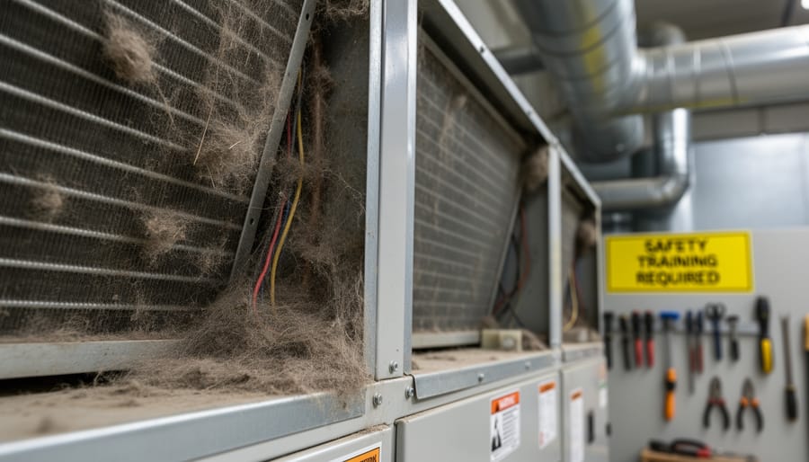 Gloved hand holding a cleaning brush near lint buildup on HVAC ductwork
