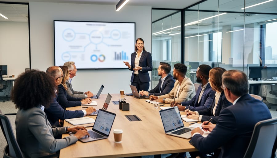Group of managers attending a corporate leadership training session in a modern classroom setting