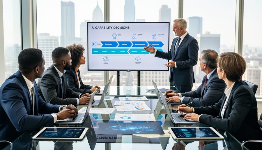 Leadership team in a conference room discussing an AI strategy proposal around a glass table