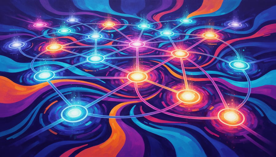 Macro photo of interconnected glowing nodes reflected on glass, symbolizing distributed networked leadership