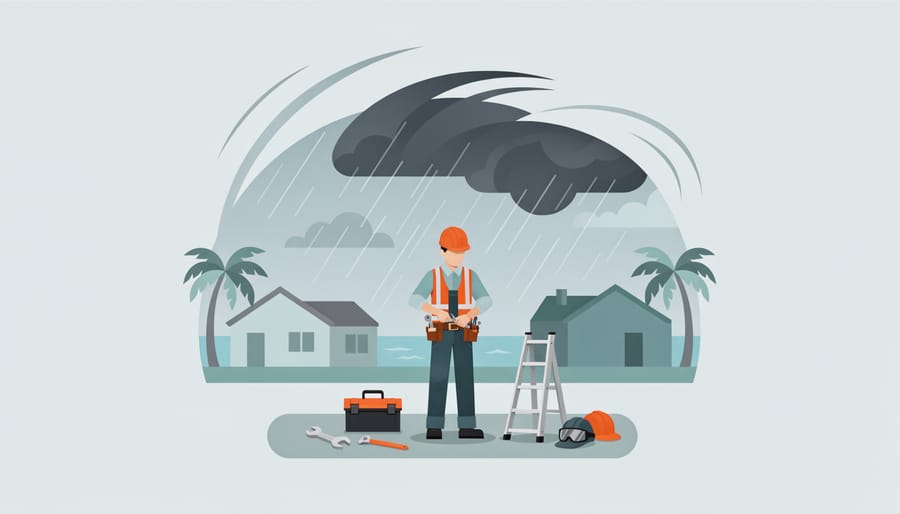 Maintenance worker preparing tools outside a Florida home during stormy weather