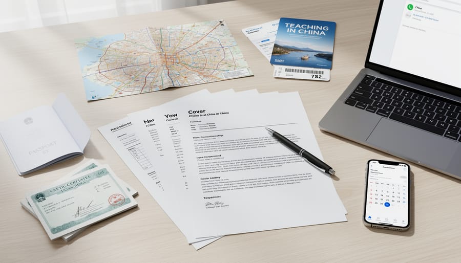 Passport and application paperwork neatly arranged on a desk with pen and phone nearby