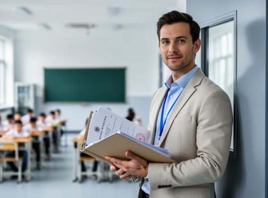 Teacher holding a folder of documents at the doorway of a modern English classroom, representing legal preparation for teaching jobs in China.