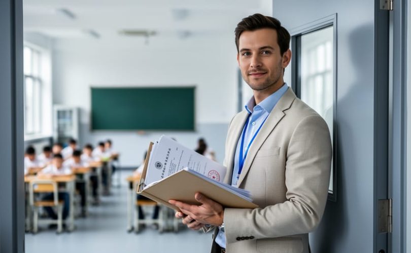 Teacher holding a folder of documents at the doorway of a modern English classroom, representing legal preparation for teaching jobs in China.