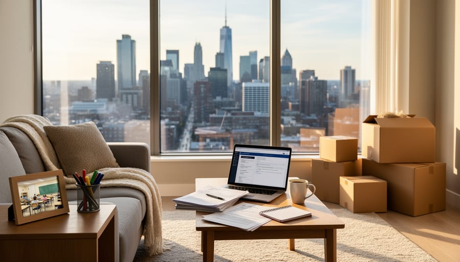Teacher relaxing at home near a window with warm sunlight and a blurred city skyline view