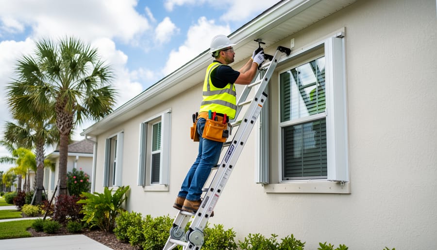 Technician using a ladder to inspect a roof edge near hurricane shutters during storm readiness