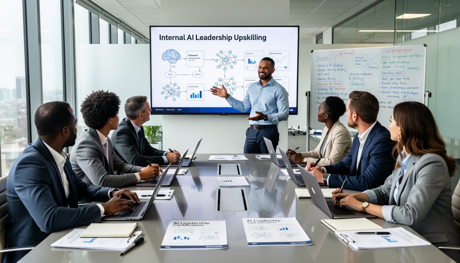 Trainer and learners in a classroom setting with laptops and a whiteboard during AI leadership training