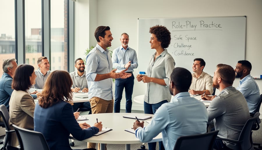 Trainer and trainees role-play a workplace scenario in a bright training room.