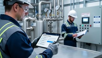 Technician in Ontario industrial workwear reviewing a tablet-based compliance training interface beside boiler and pressure equipment in a training-focused workspace.