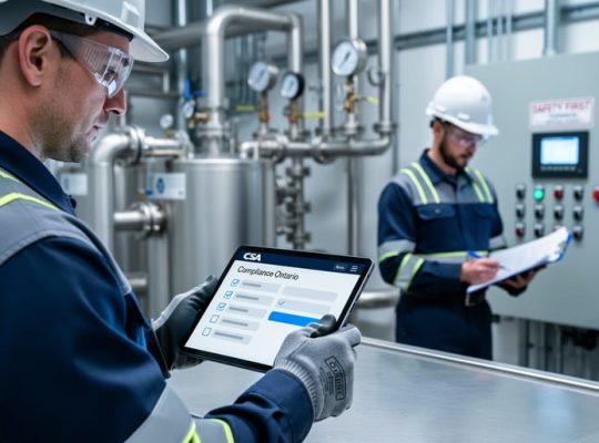 Technician in Ontario industrial workwear reviewing a tablet-based compliance training interface beside boiler and pressure equipment in a training-focused workspace.
