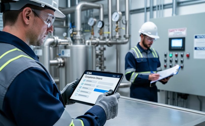 Technician in Ontario industrial workwear reviewing a tablet-based compliance training interface beside boiler and pressure equipment in a training-focused workspace.