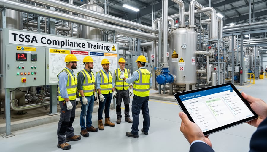Wide view of an industrial facility with a stainless pressure vessel and workers in the background
