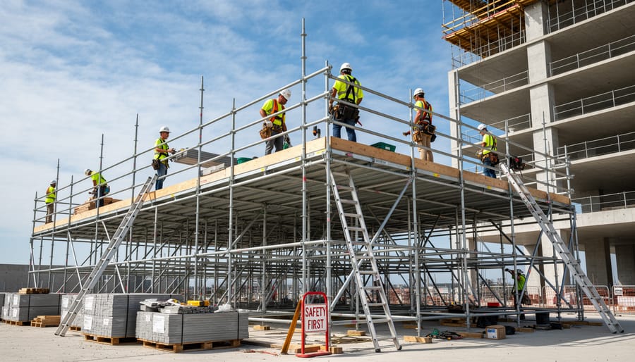 Construction worker on an elevated scaffold platform with guardrails and ladder access