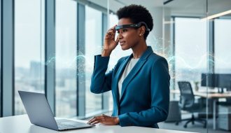 A corporate professional in a modern office touching their head while neural-like light trails glow subtly behind them, representing neuroplasticity for effective eLearning design.