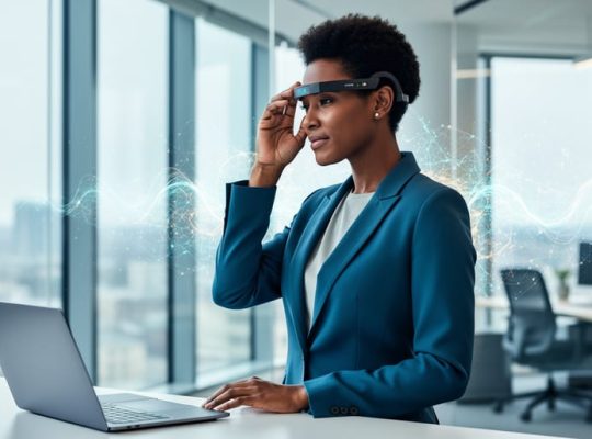 A corporate professional in a modern office touching their head while neural-like light trails glow subtly behind them, representing neuroplasticity for effective eLearning design.