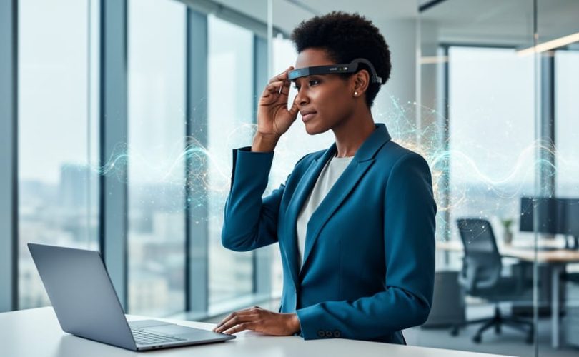 A corporate professional in a modern office touching their head while neural-like light trails glow subtly behind them, representing neuroplasticity for effective eLearning design.