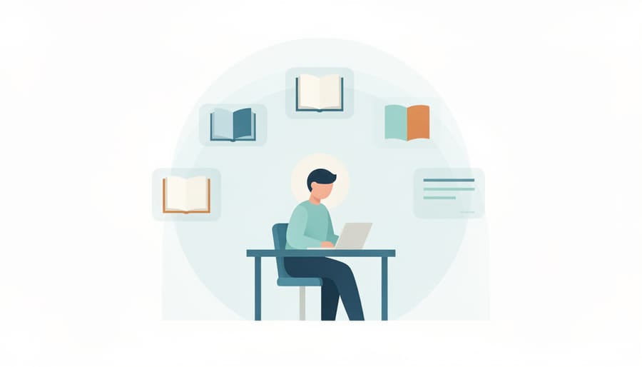 Person wearing noise-canceling headphones focused calmly during learning in an office