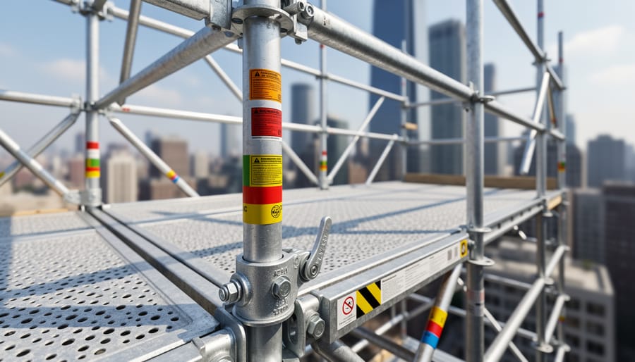 Gloved hand holding a scaffold guardrail with anti-slip platform and steel frame visible