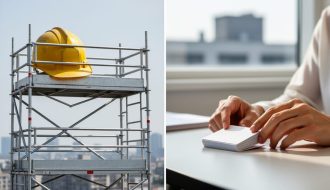 A construction scaffold platform with a hard hat beside a learning setting that suggests instructional support through overlapping, fading guidance elements.