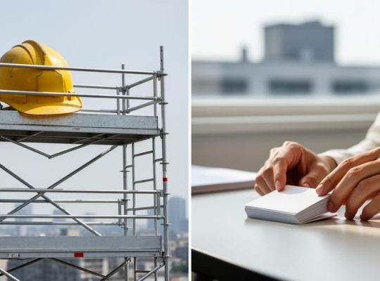 A construction scaffold platform with a hard hat beside a learning setting that suggests instructional support through overlapping, fading guidance elements.