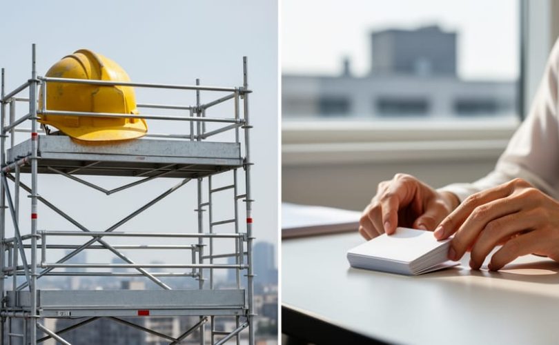 A construction scaffold platform with a hard hat beside a learning setting that suggests instructional support through overlapping, fading guidance elements.