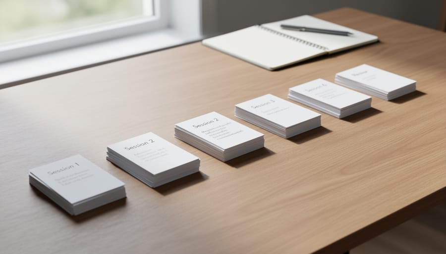 Blank learning cards spaced out on a desk with a blurred clock in the background