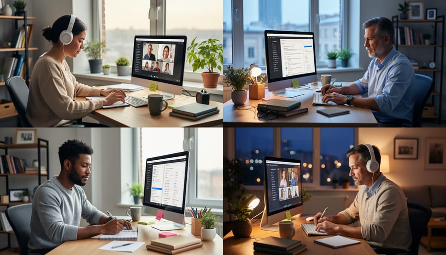 Adults studying in a home workspace with a large screen video call and tablet