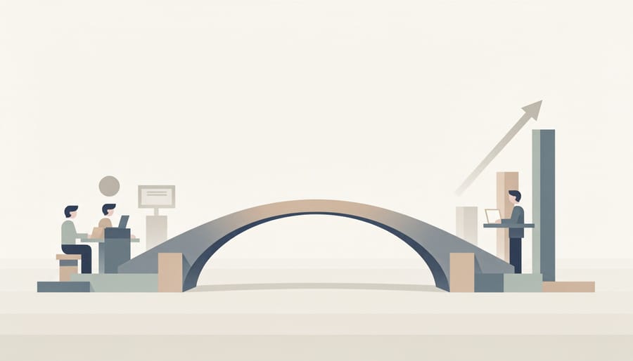 Steel bridge over a calm river at sunrise symbolizing connection and advancement
