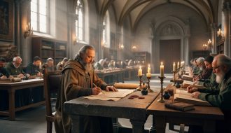 Charlemagne seated in a medieval palace school in Aachen, surrounded by scholars and copyists working at parchment-covered desks with candlelit lamps.