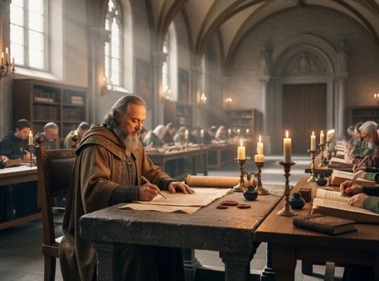 Charlemagne seated in a medieval palace school in Aachen, surrounded by scholars and copyists working at parchment-covered desks with candlelit lamps.