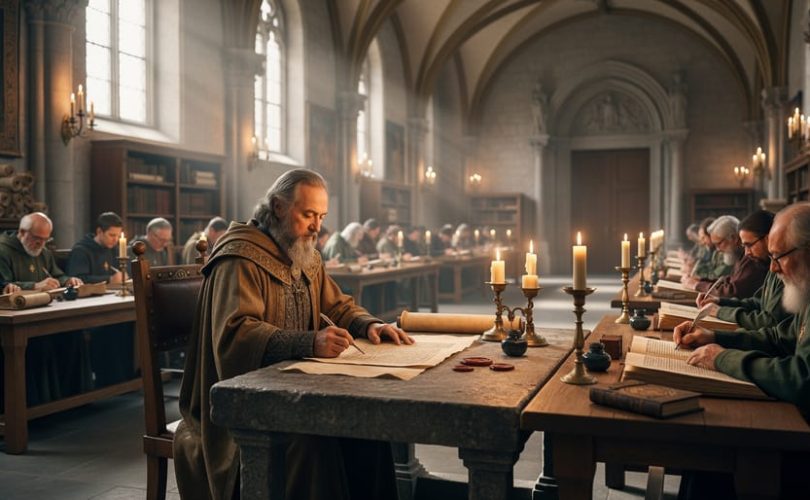 Charlemagne seated in a medieval palace school in Aachen, surrounded by scholars and copyists working at parchment-covered desks with candlelit lamps.
