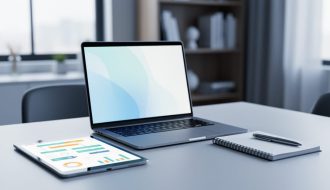 Modern desk with laptop and planning tools representing choosing an online graduate certificate in project management.