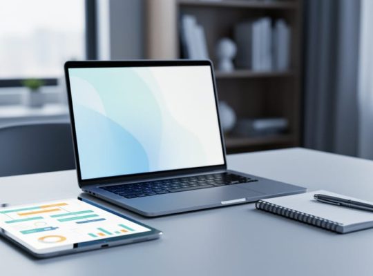 Modern desk with laptop and planning tools representing choosing an online graduate certificate in project management.