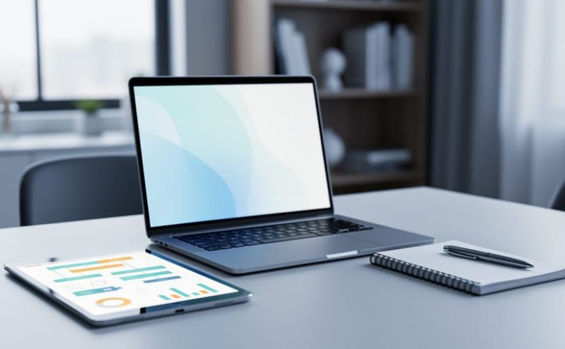 Modern desk with laptop and planning tools representing choosing an online graduate certificate in project management.