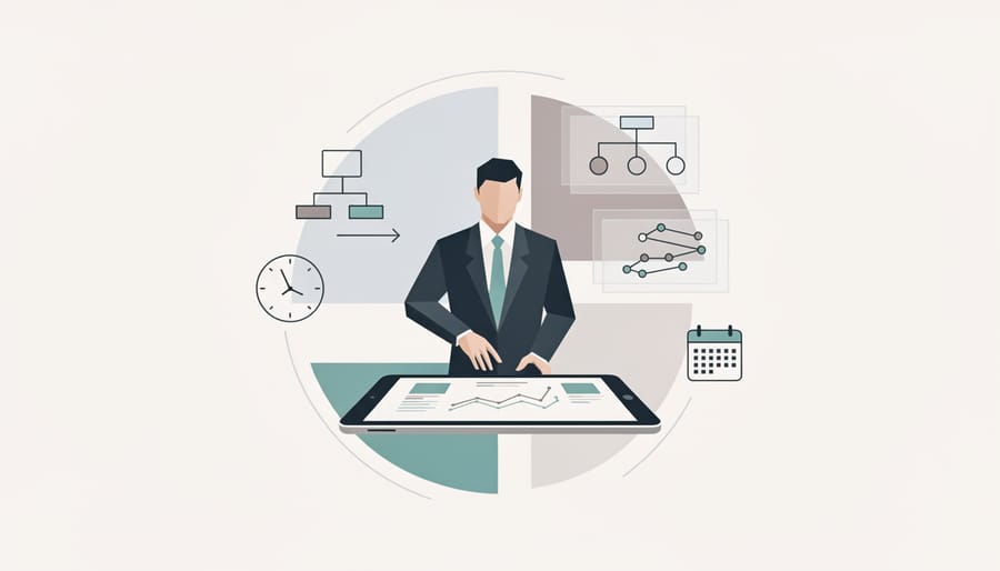 Close-up of hands holding a reflective glass tablet at an executive desk symbolizing modern leadership tools.