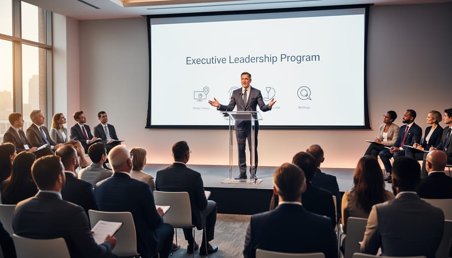 Executive speaking to an attentive group in a training room with warm golden-hour lighting.