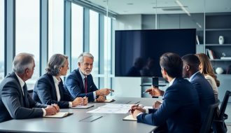 Diverse group of senior executives in a modern conference room participating in leadership training and discussion around a table.