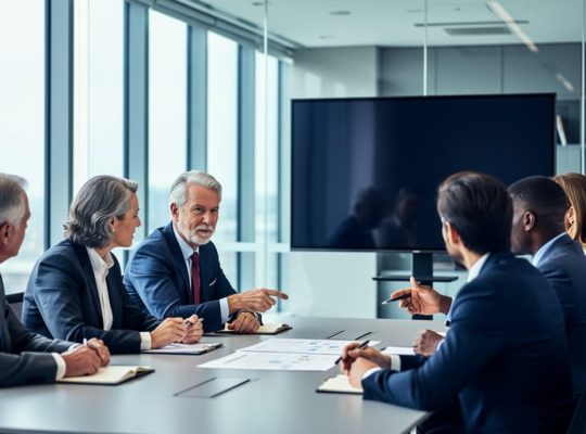 Diverse group of senior executives in a modern conference room participating in leadership training and discussion around a table.