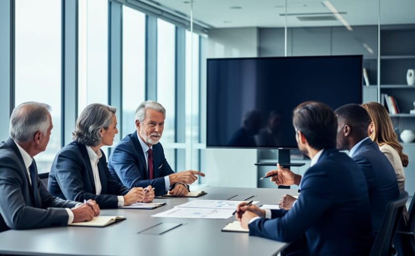 Diverse group of senior executives in a modern conference room participating in leadership training and discussion around a table.