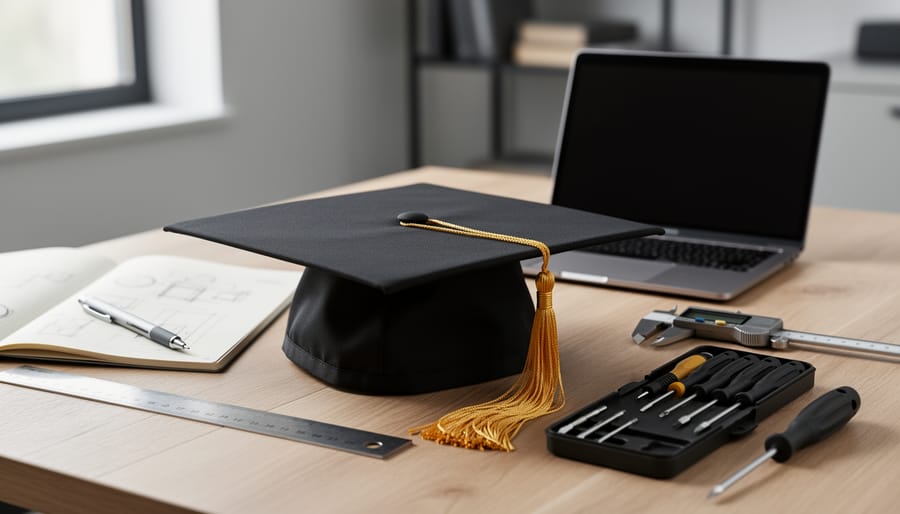 Graduation cap next to project management tools on a clean desk