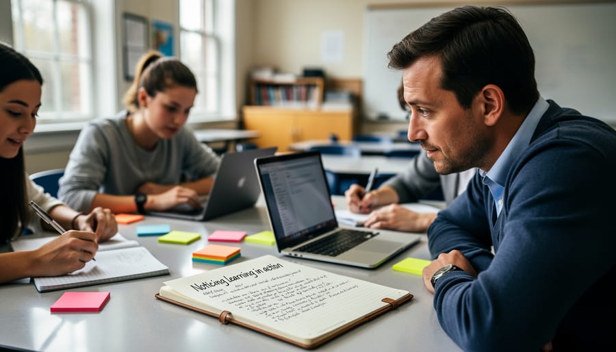 Close-up of a learner taking notes with a stylus while studying course materials in a training setting.