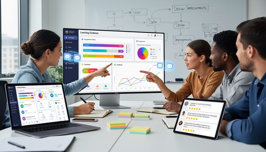 Desk setup with a laptop and tablet showing an unlabeled analytics-style screen in a corporate learning context.