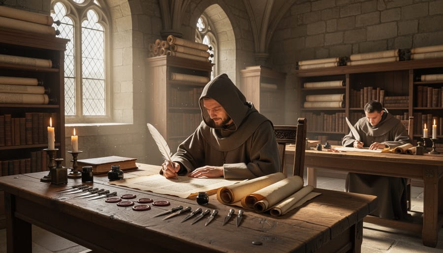 A medieval scribe writes with a quill in a stone scriptorium with open manuscripts and ink on wooden desks.