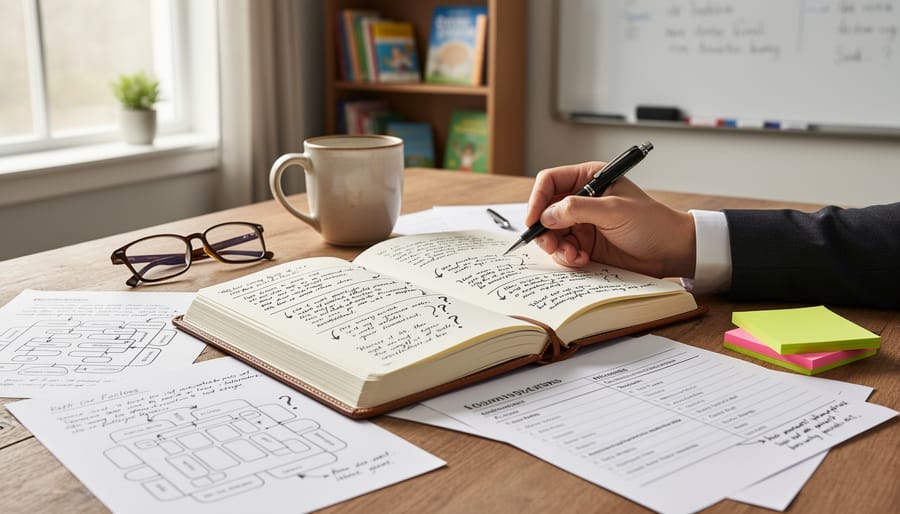 Close-up of a notebook journal and pen on a desk suggesting reflective journaling