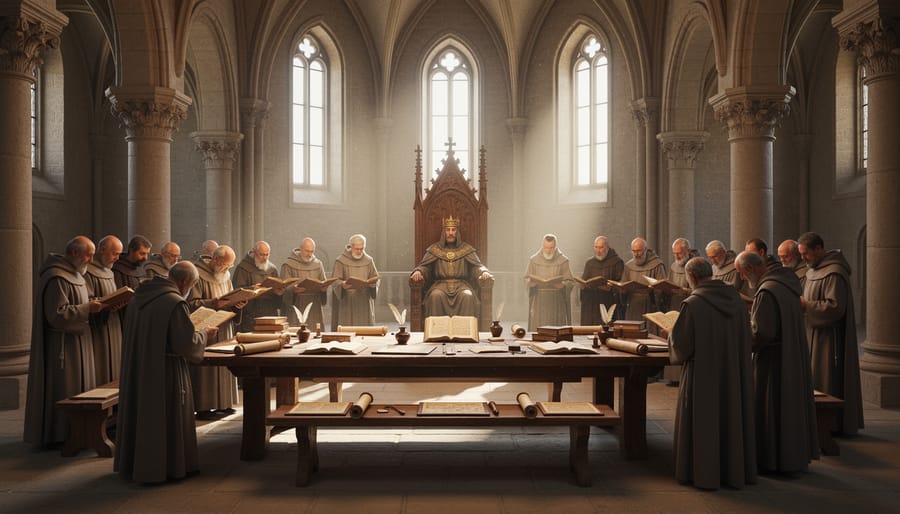 Scholars and clerics gather in a grand stone palace around scrolls and manuscripts during a learning session.