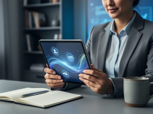 A learning and development professional reviewing training materials at a desk, holding a tablet with abstract learning visuals while taking notes, representing reflective practice in eLearning.